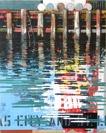 Catherine Mackey, "Reflections with Barrels", 30"x24", mixed media on panel