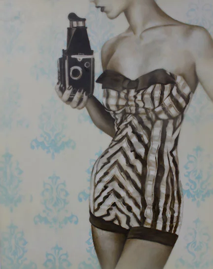 Jhina Alvarado, "Smile for the Camera", 20"x16", oil and encaustic on panel