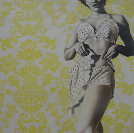 Jhina Alvarado, "Yellow Polka Dot Bikini", 30"x30", oil and encaustic on panel