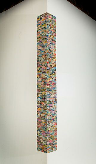 Jordan Scott, "Centennial", vintage stamps with resin on panel