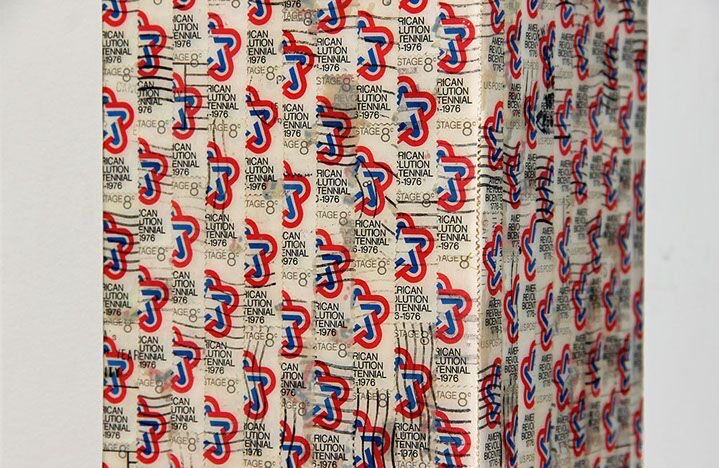 Jordan Scott, "Bicentennial", detail, vintage stamps with resin on panel