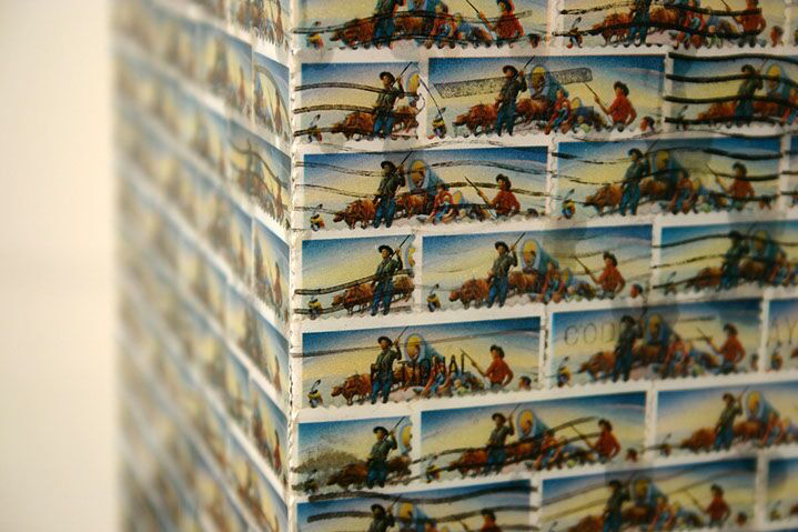 Jordan Scott, "Opening the West", detail, vintage stamps with resin on panel