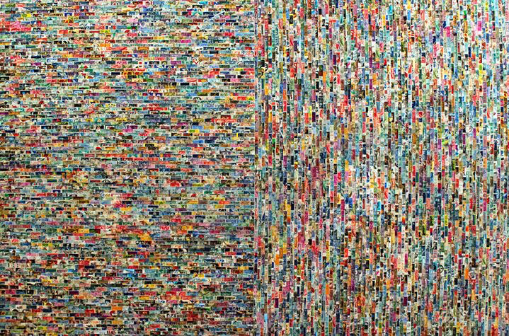 Jordan Scott, "Omnis", 48"x72", vintage stamps with resin on panel