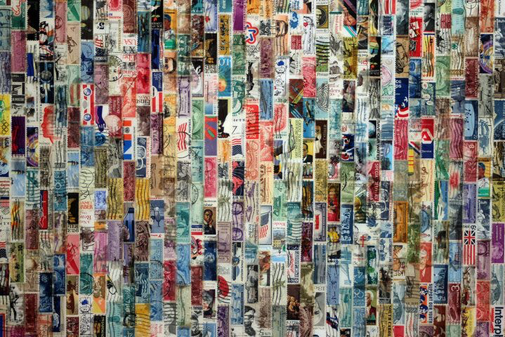 Jordan Scott, "Omnis", detail, vintage stamps with resin on panel