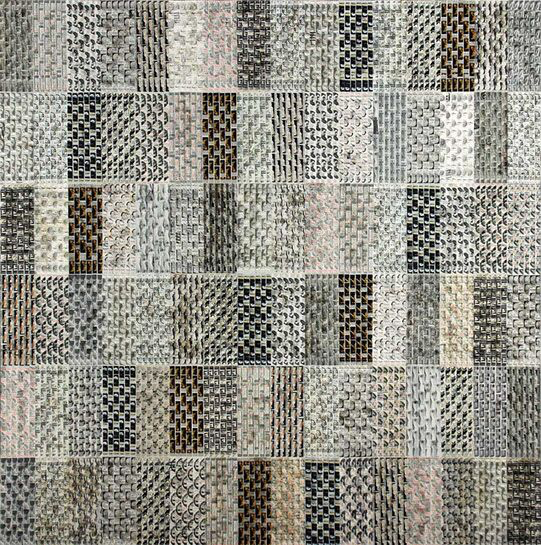 Jordan Scott, "The Ancients", 48"x48", vintage stamps with resin on panel