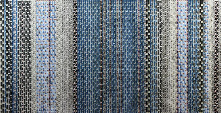 Jordan Scott, "Winter Solstice", 30"x60", vintage stamps with resin on panel