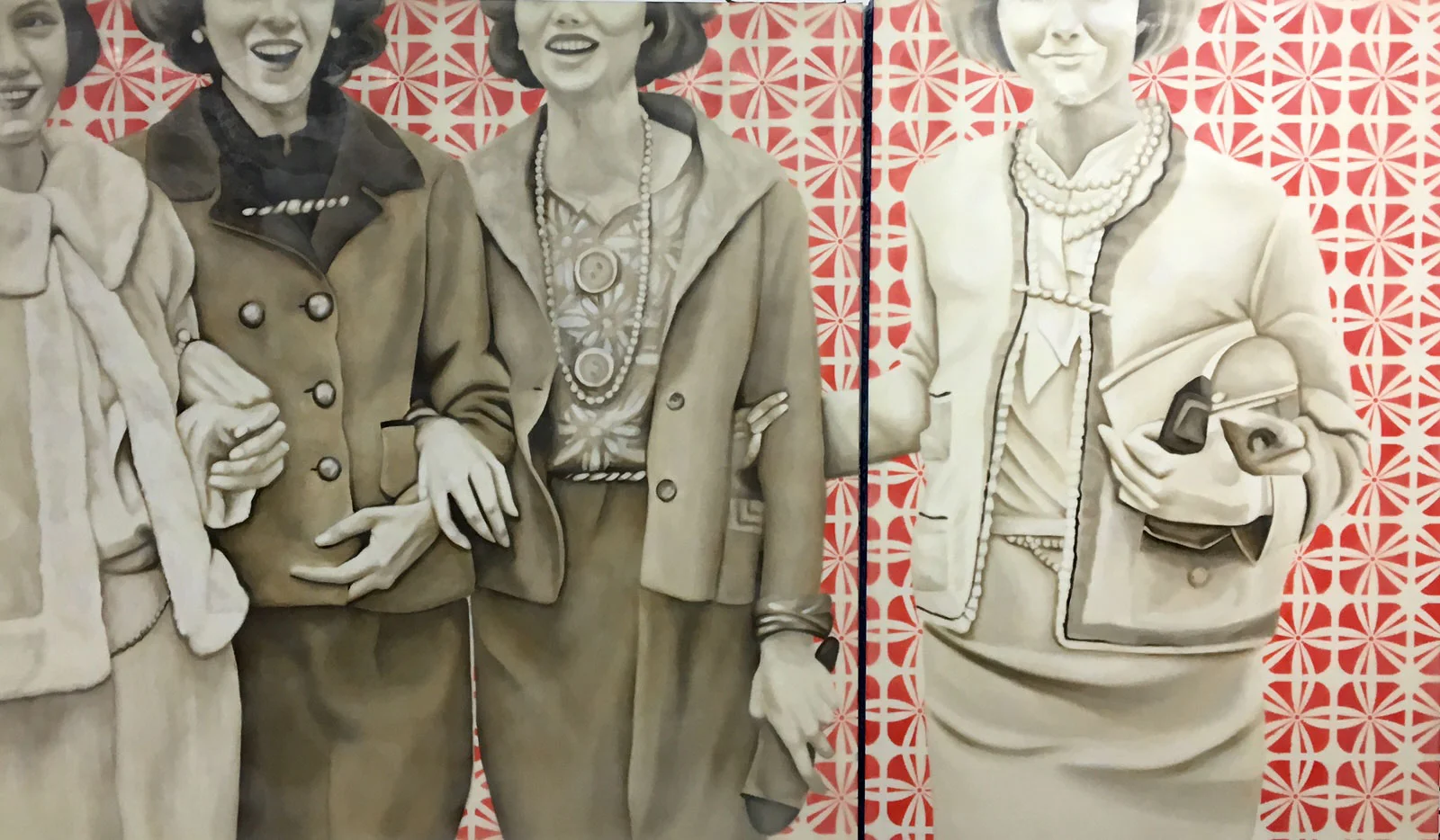 Jhina Alvarado, "Society Girls", 36"x60", oil and encaustic on panel
