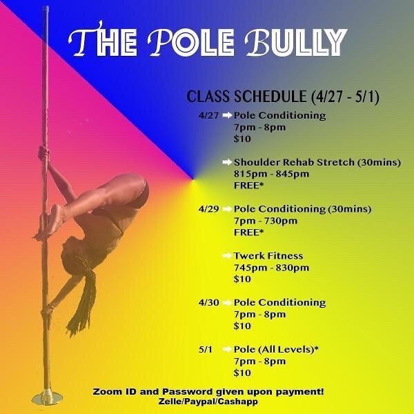 @pole2express has a full line up for you guys!! 🎉🎉 Be sure to check out her classes all week and keep moving💫💫