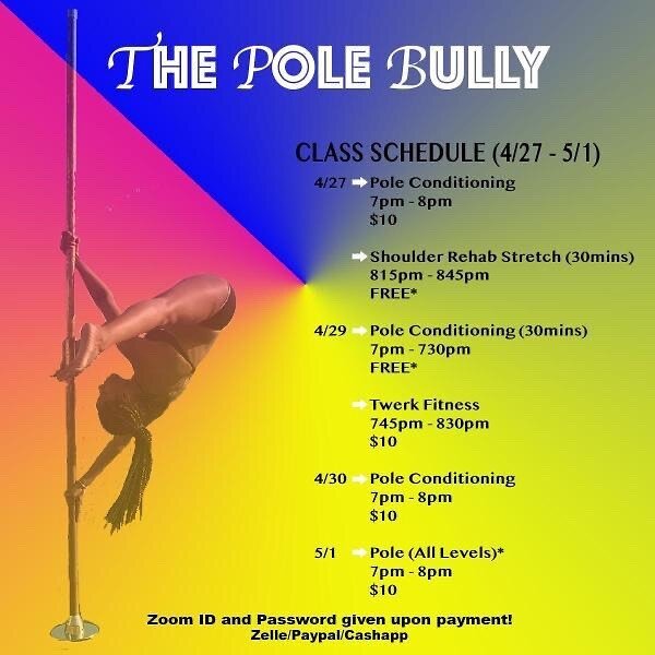 @pole2express has a full line up for you guys!! 🎉🎉 Be sure to check out her classes all week and keep moving💫💫