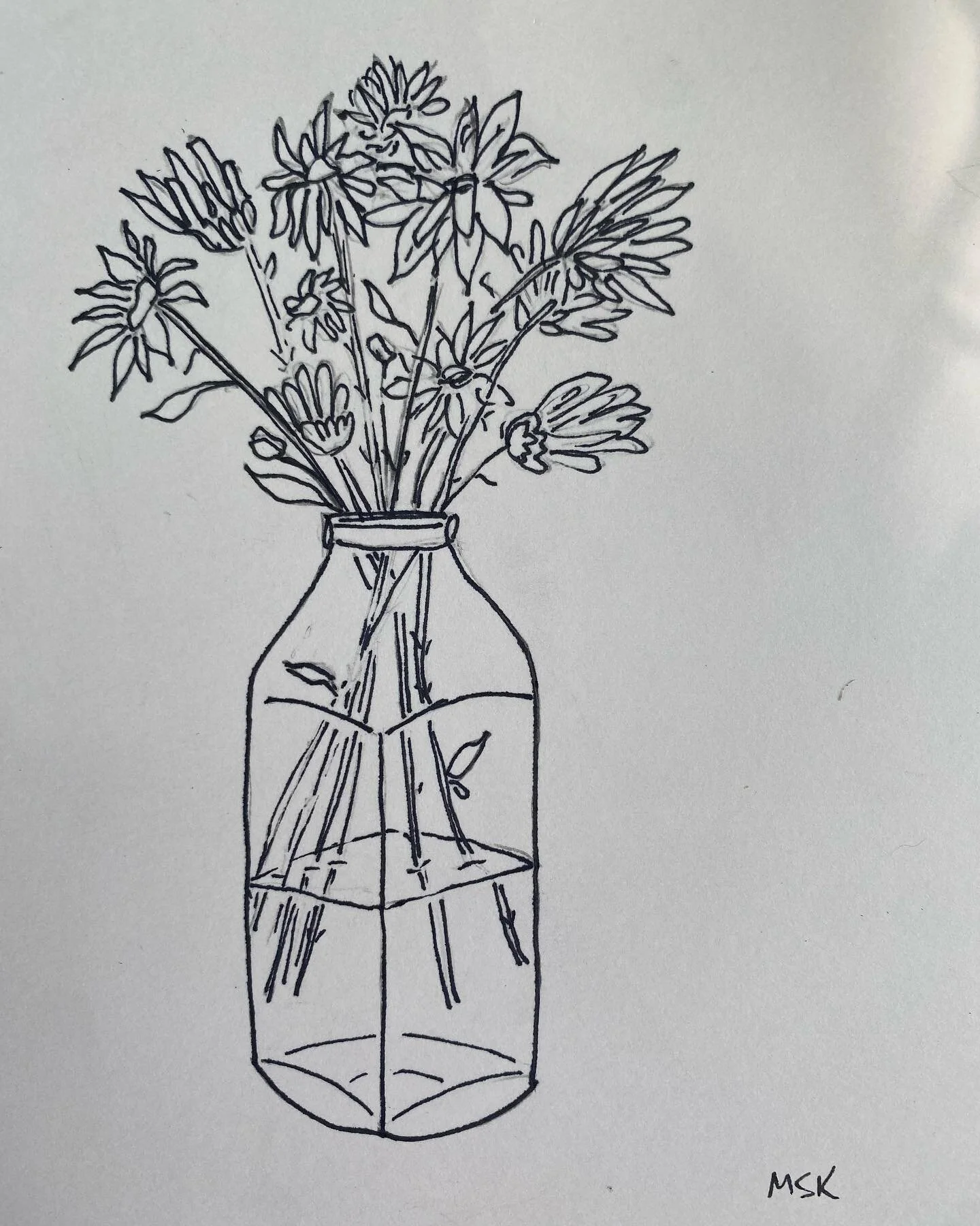 Day 4 sketch. 
Yes I missed a day yesterday!! Too busy to even find a pencil. So I&rsquo;m clearly not on a very good streak! 
But
Here is today&rsquo;s! 
Daisies in a milk jug. 
May add color, havent decided yet.
&hellip;
Check out the last photo fo