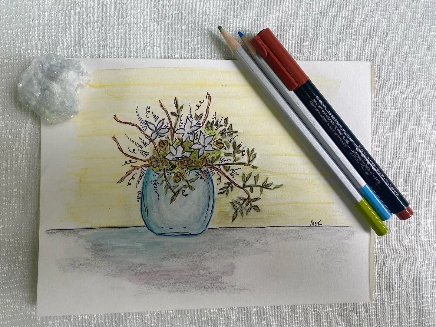 Day two of art-ing every day!
Graphite, watercolor pencils, paint pen on watercolor paper.
&hellip;and a little Celestite crystal for good vibes.
🌸 
It&rsquo;s a lovely way to start the day, a sit on the deck with coffee and flower sketching.
&helli