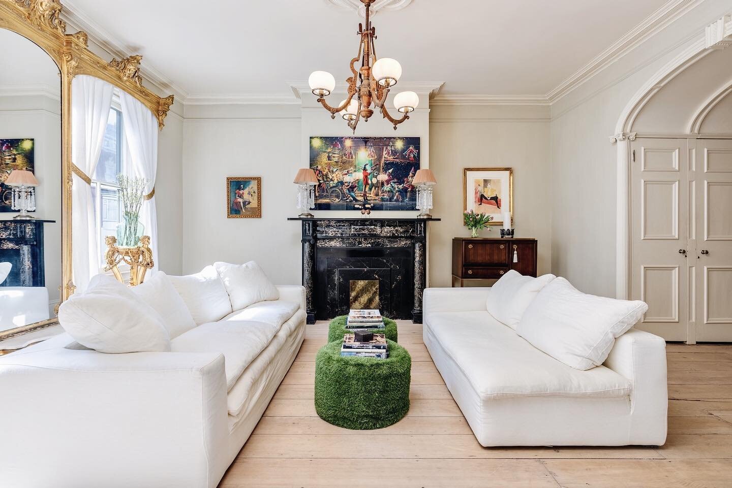 The absolutely dreamy living room at the newly listed Sullivan Residence, in Hudson, NY 🏛️⁠⁠
.⁠⁠
It's hard to pick a favorite room in this house, but after much deliberation, this front room ranks high on our list. The restored marble fireplace and 