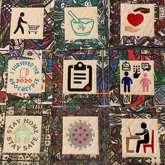 9 more blocks for my COVID-19 Historical quilt.  23 blocks completed so far. 
Each 8&rdquo;x8&rdquo; block will have a meaningful connection to the 2020 COVID-19 pandemic.  The border sashing is made with my Art by Ali Abstracts fabric. #artbyaliabst