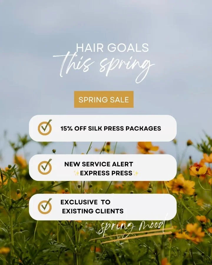🌸 Spring is here&hellip; and your hair deserves to be pampered ✨
💎 15% OFF all Silk Press Packages (April only) 💎 NEW: The Express Press $135 &mdash; quick, polished, in-and-out silk press for my busy girls
📌 Booking Notes:
* Deposits non-refunda