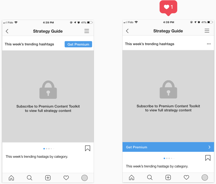 A/B test #1: 69% of users preferred the placement of the CTA on the right because it is more visible and consistent with the current Instagram branding and aesthetic.