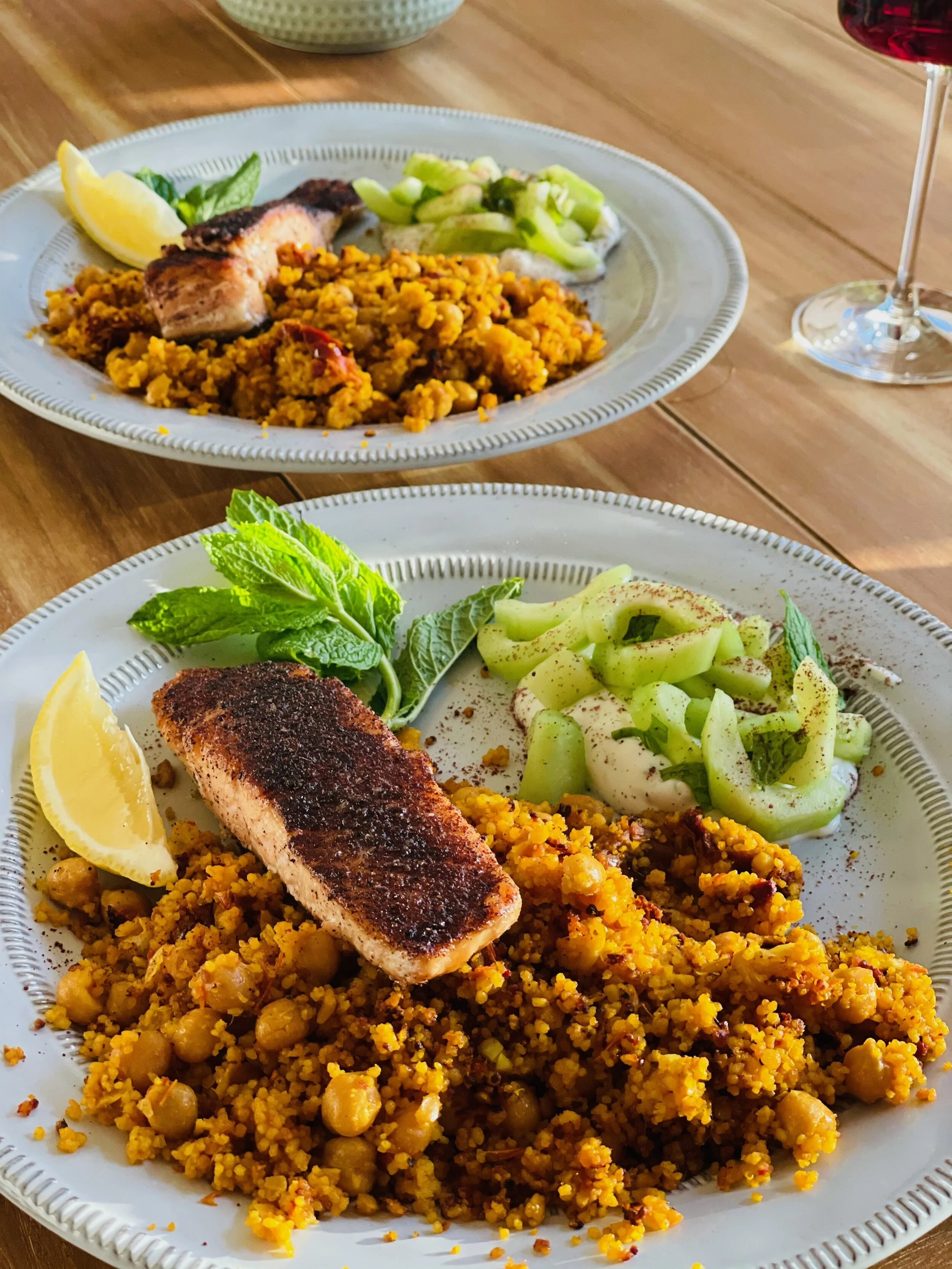 Sumac Rubbed Salmon with Sun-dried Tomato &amp; Chickpea- Couscous Salad