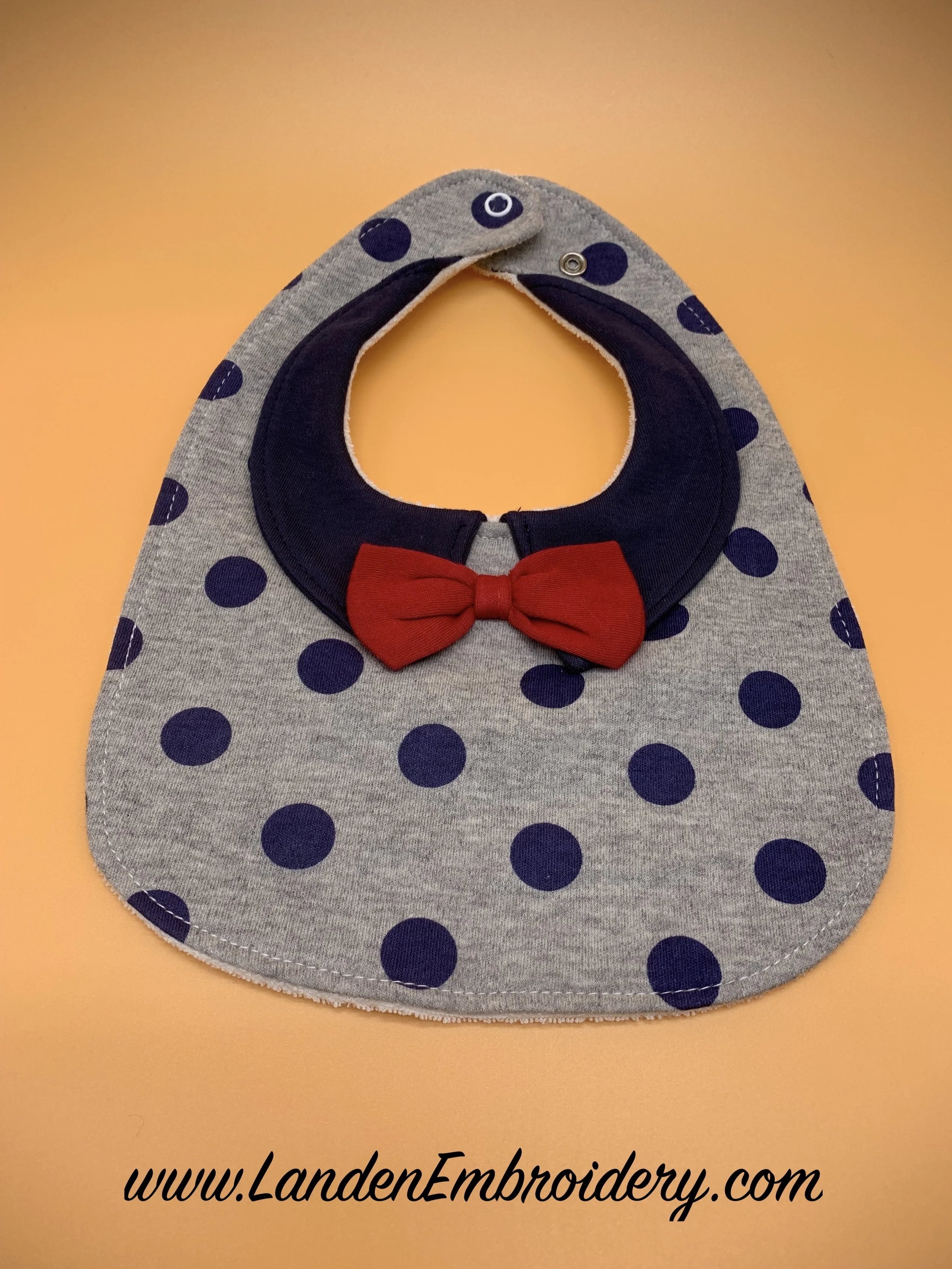 Grey Bib with Blue Dots Personalized with Custom Embroidery