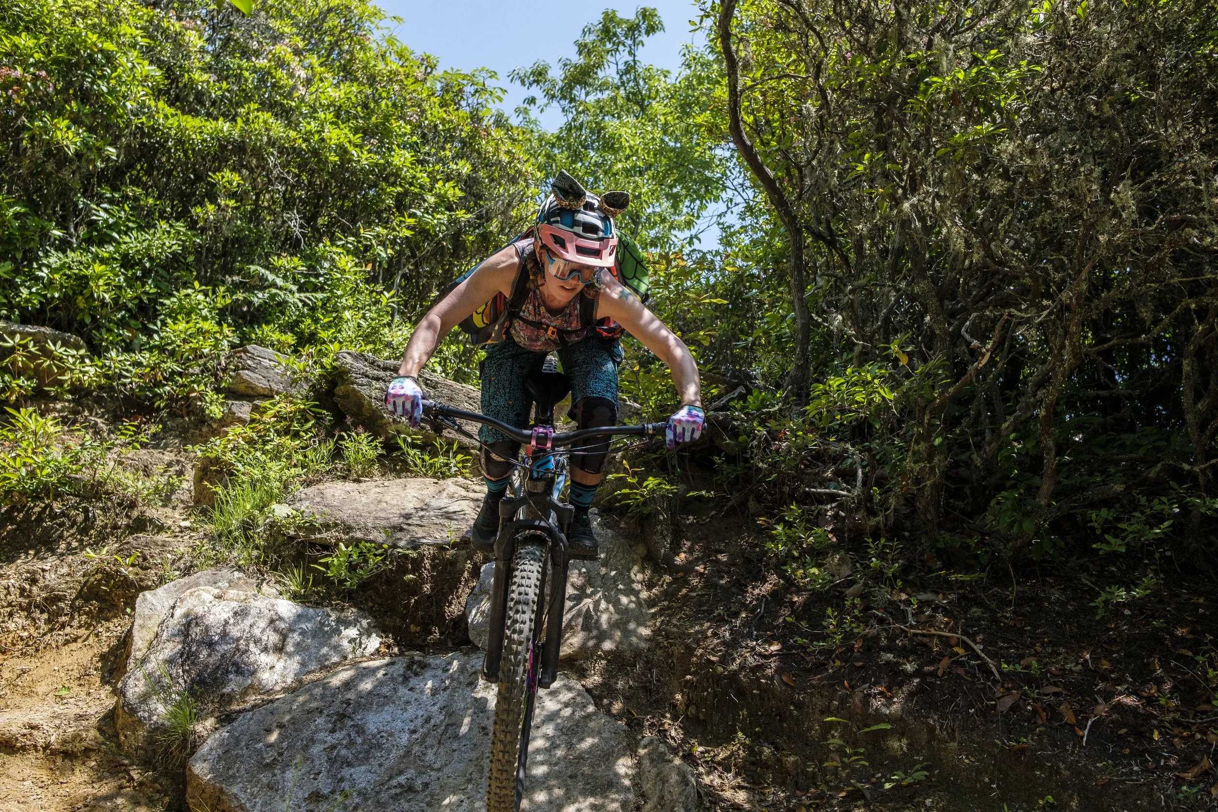 Coach Shanna Riding the rock roll of the Bennett Gap corner
