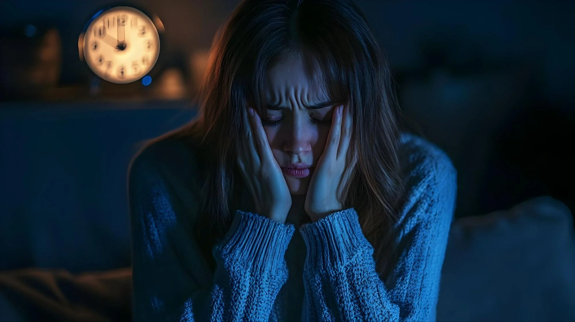 A stressed young woman holding her face in distress late at night with a blurred alarm clock in the background.