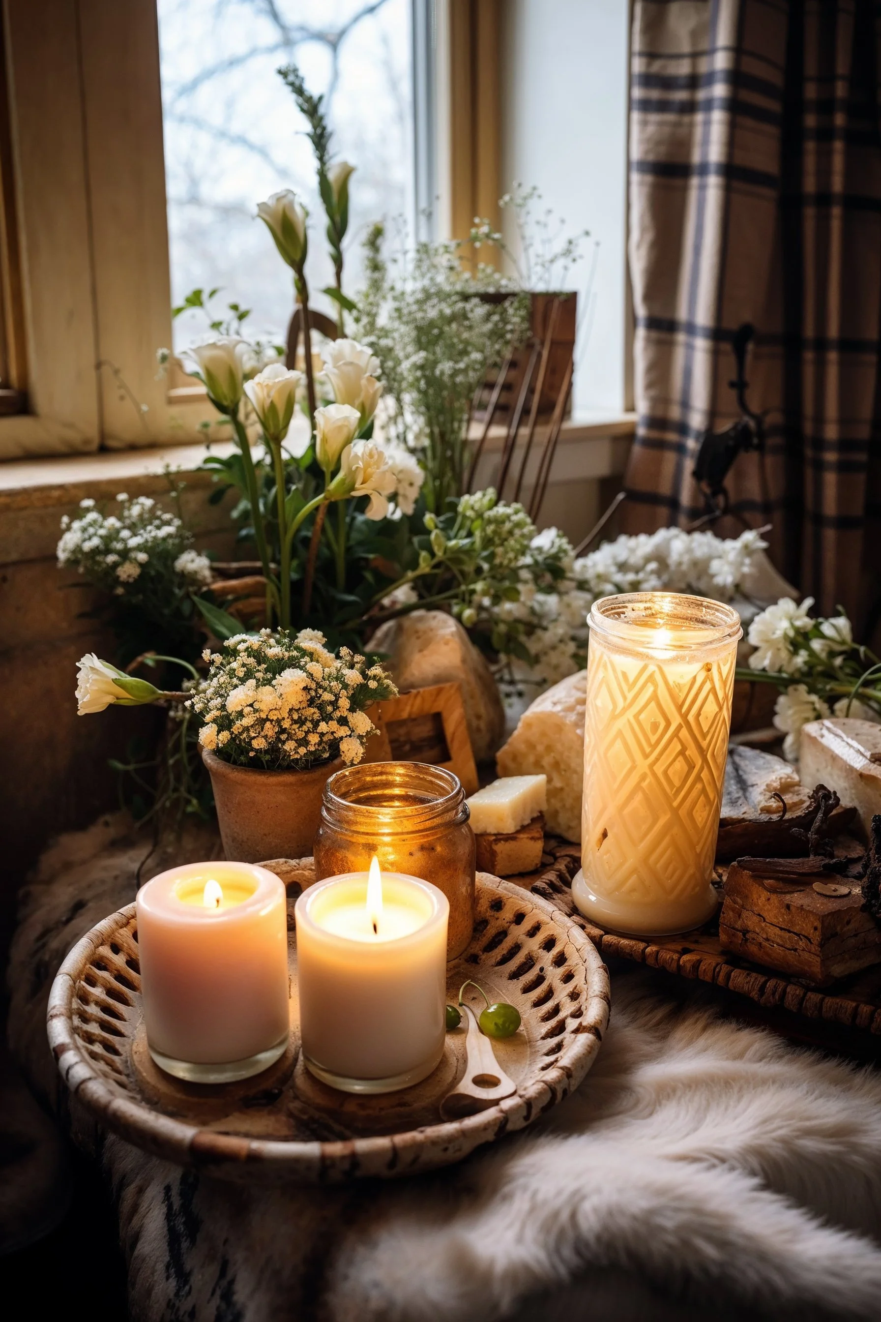 White candles are lit. They sit in woven baskets atop a sheep's fleece. White flowers are in the background.