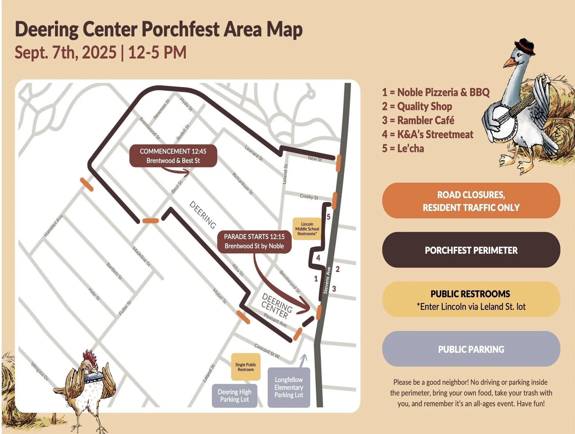 Food, Restrooms, Parking, Map