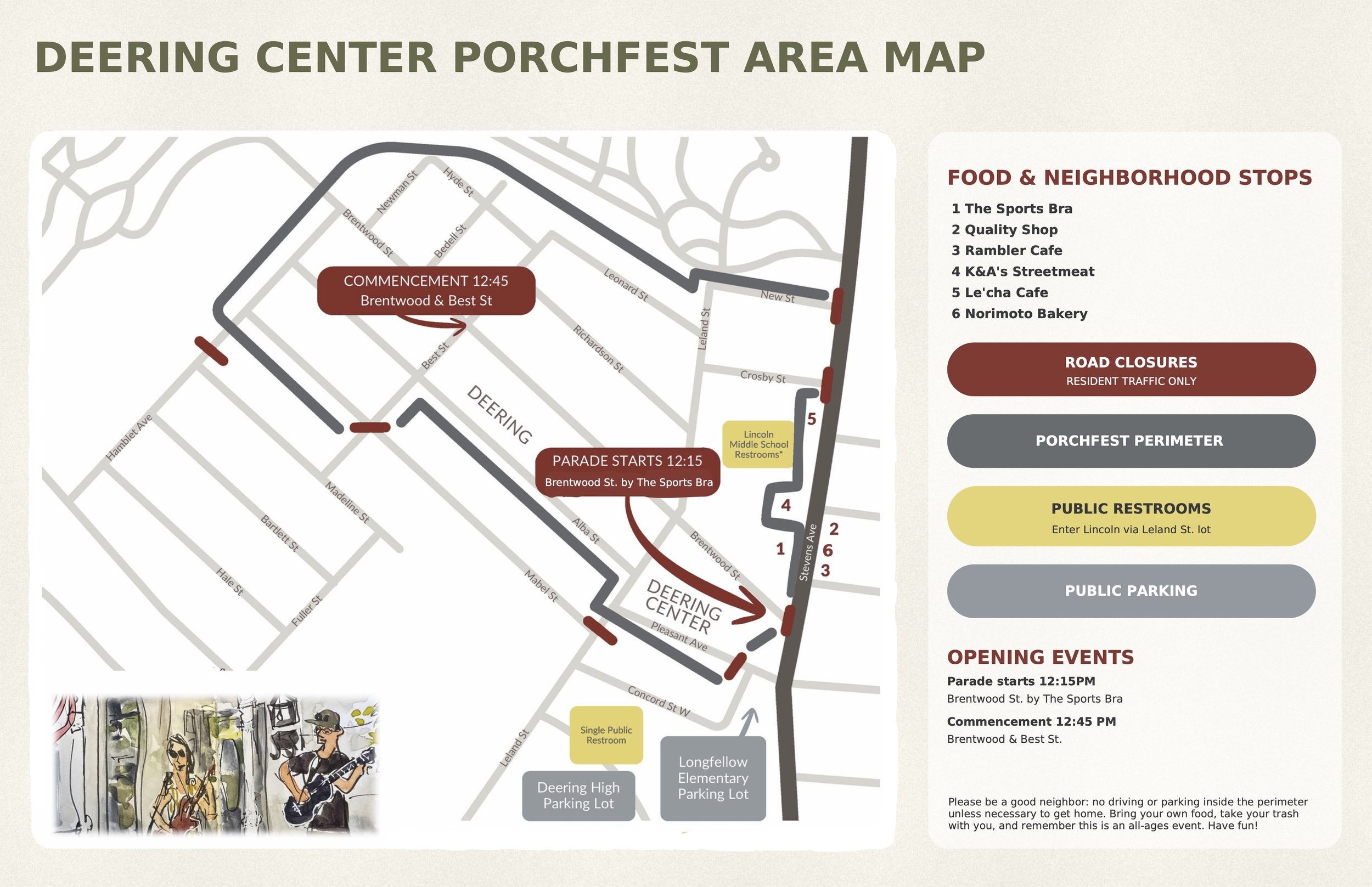 FOOD, ROAD CLOSURES, RESTROOMS & PARKING 