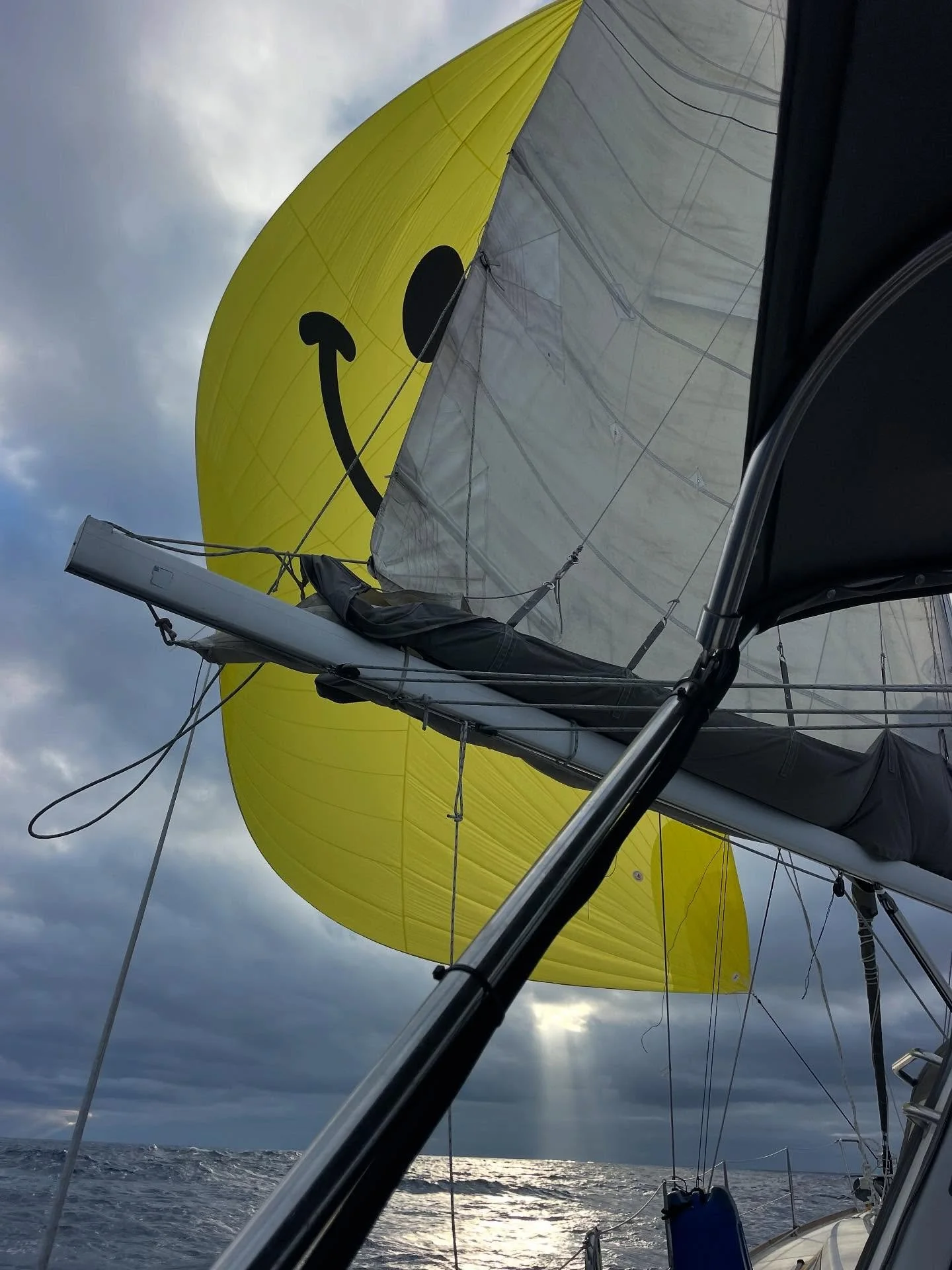 Updates sailing the new Moana from California to Hawai&rsquo;i&hellip; all smiles!!! 

#sail #sailing #moana #smile #smiles #spinakker #ocean #oceancrossing #adventure