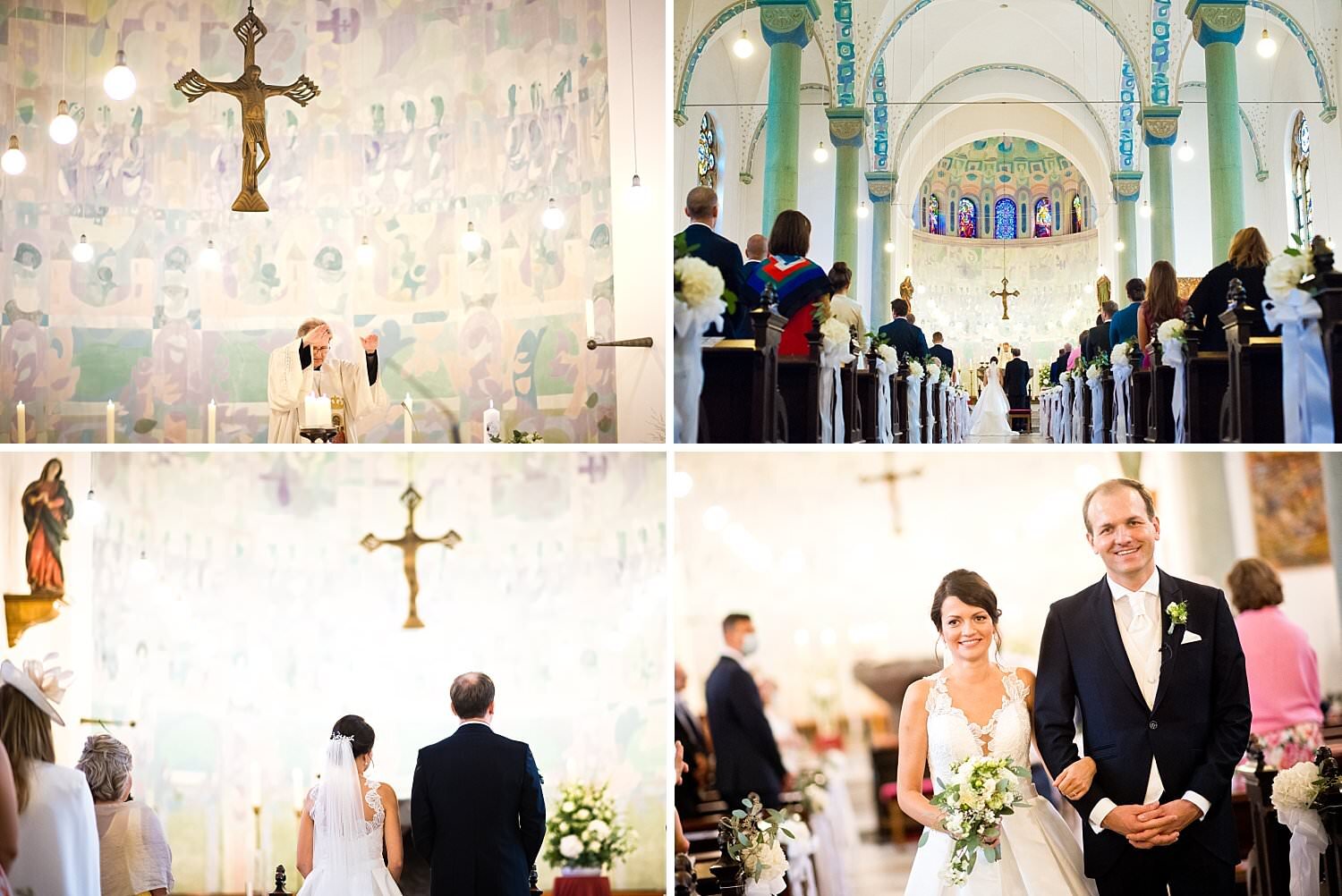 Braut und Bräutigam kommen aus der Kirche