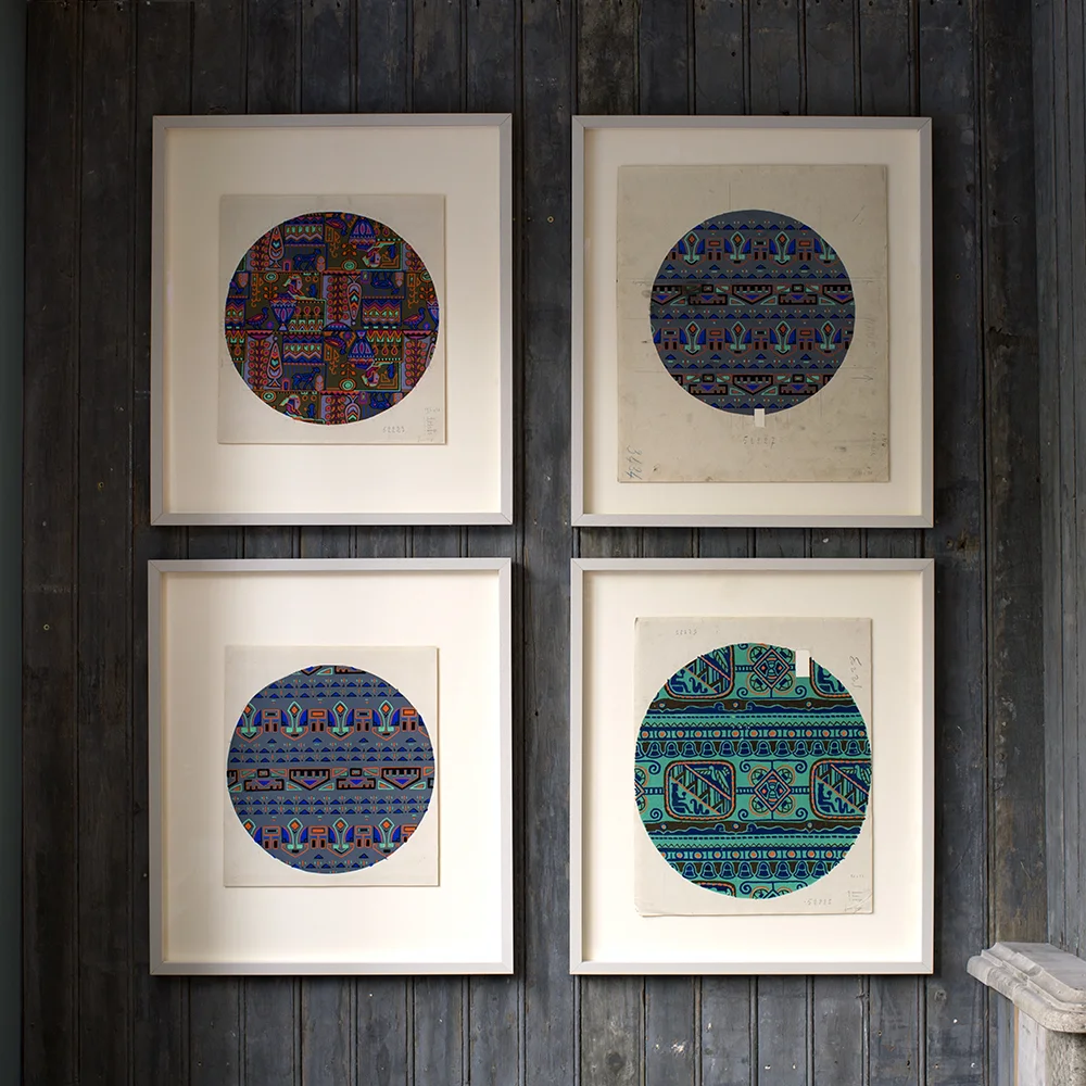 Set Of Hand Painted and Framed Textile Designs
