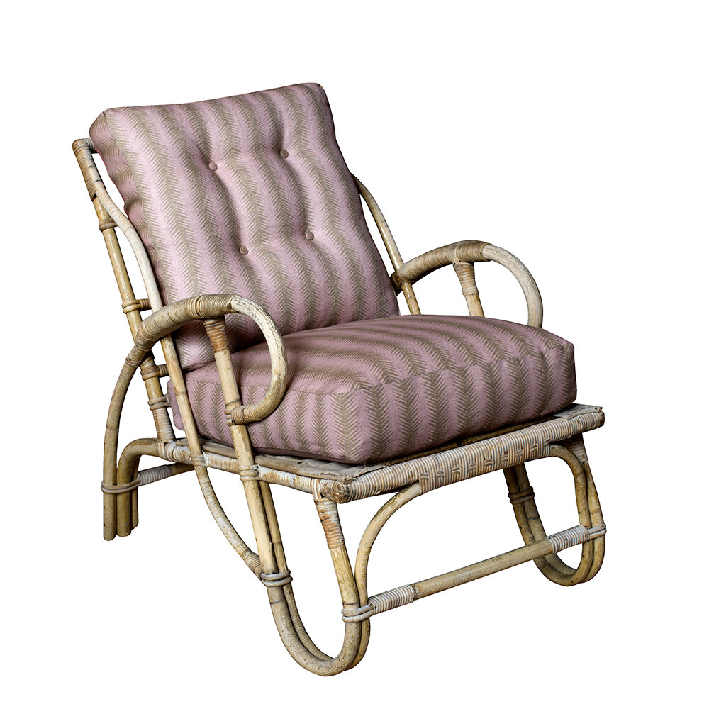 Vintage Rattan Chair with Pink Feather Reversible Cushions