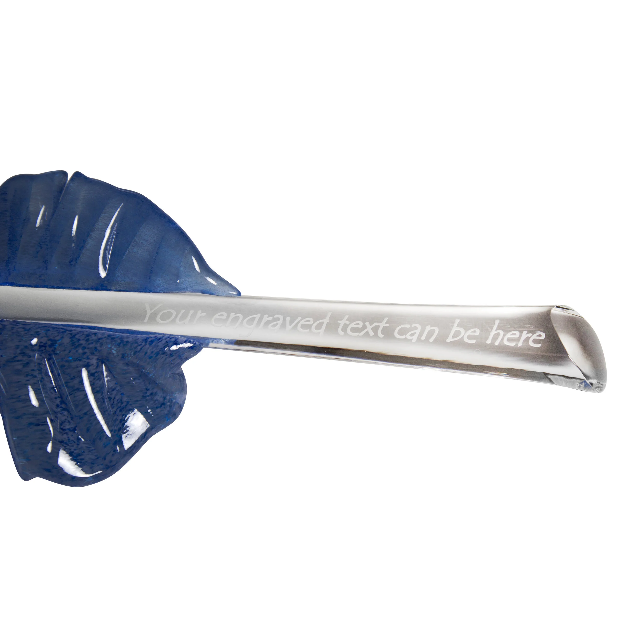 blue feather with engraving