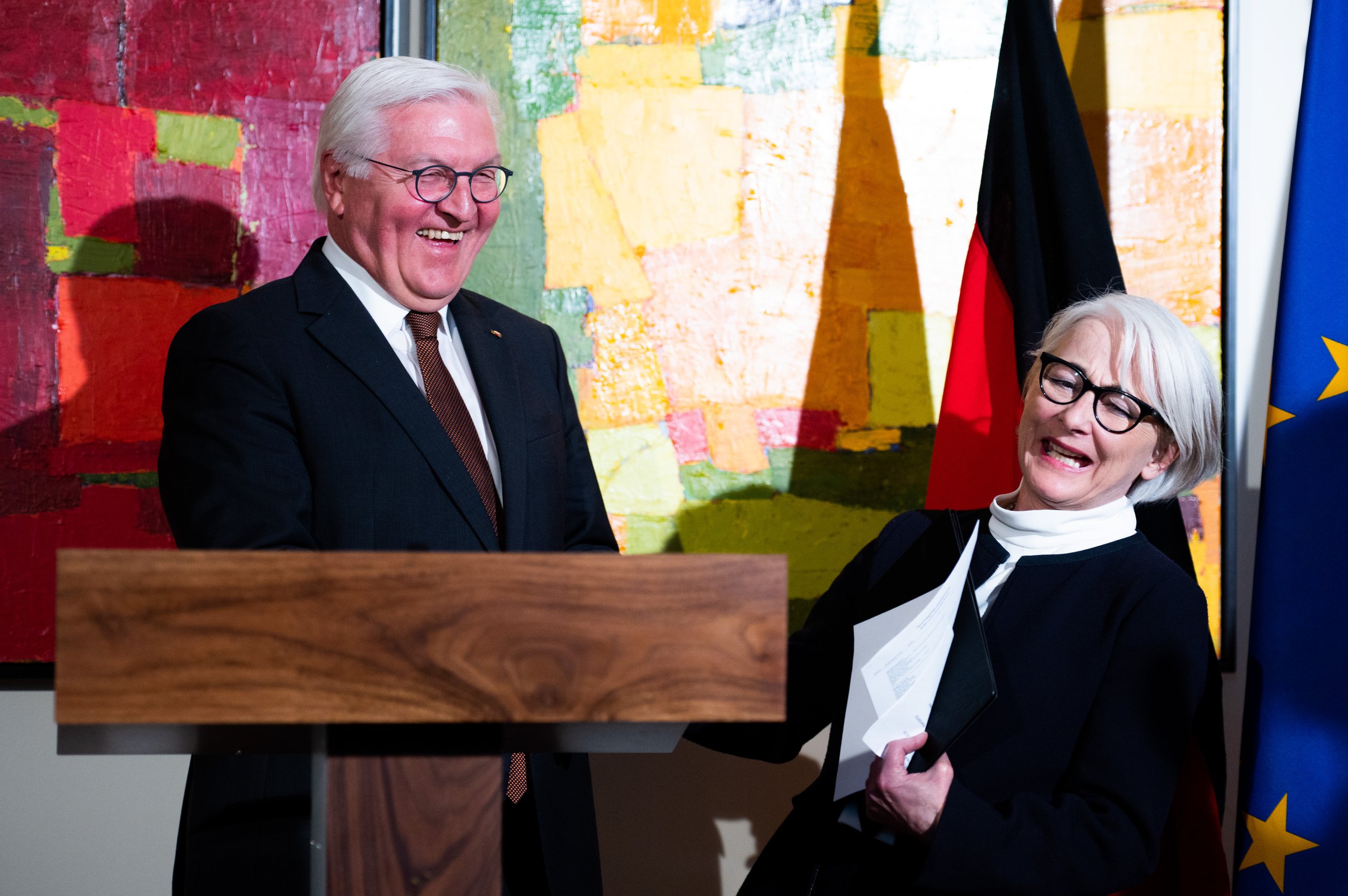  Ambassador of Germany to Canada, Sabine Sparwasser, right, shares a laugh with German President Frank-Walter Steinmeier at the official residence of the German Ambassador to Canada during an official visit in Ottawa, on Monday, April 24, 2023. THE C