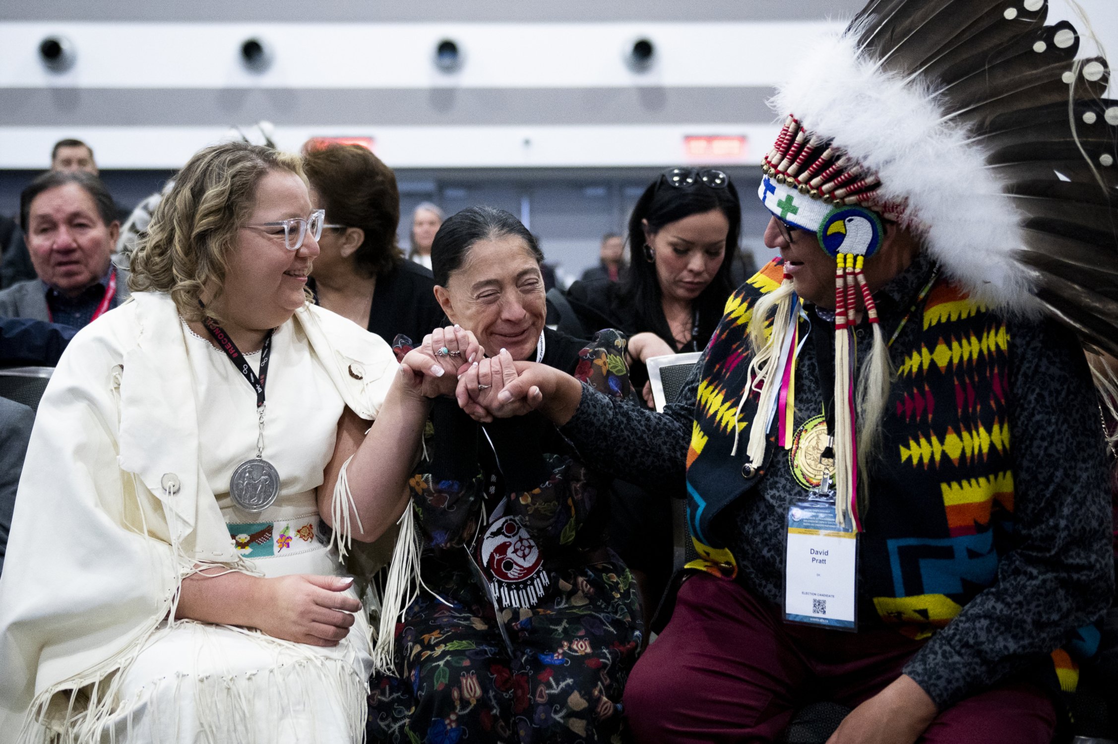  Cindy Woodhouse, left, interim National Chief Joanna Bernard, centre, and David Pratt, are seen during the third day of the Assembly of First Nations Special Chiefs Assembly (SCA) in Ottawa, on Thursday, Dec. 7, 2023. THE CANADIAN PRESS/Spencer Colb