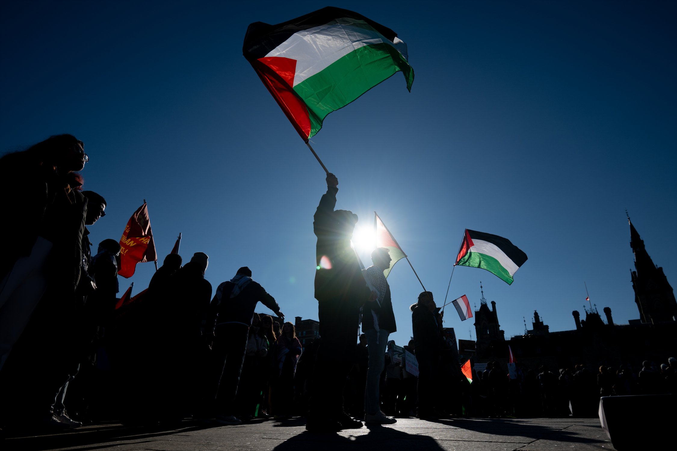  A Pro-Palestine protestor holds a Palestinian flag during a march for Gaza rally on Parliament Hill in Ottawa on Saturday, Nov. 4, 2023. THE CANADIAN PRESS/Spencer Colby 