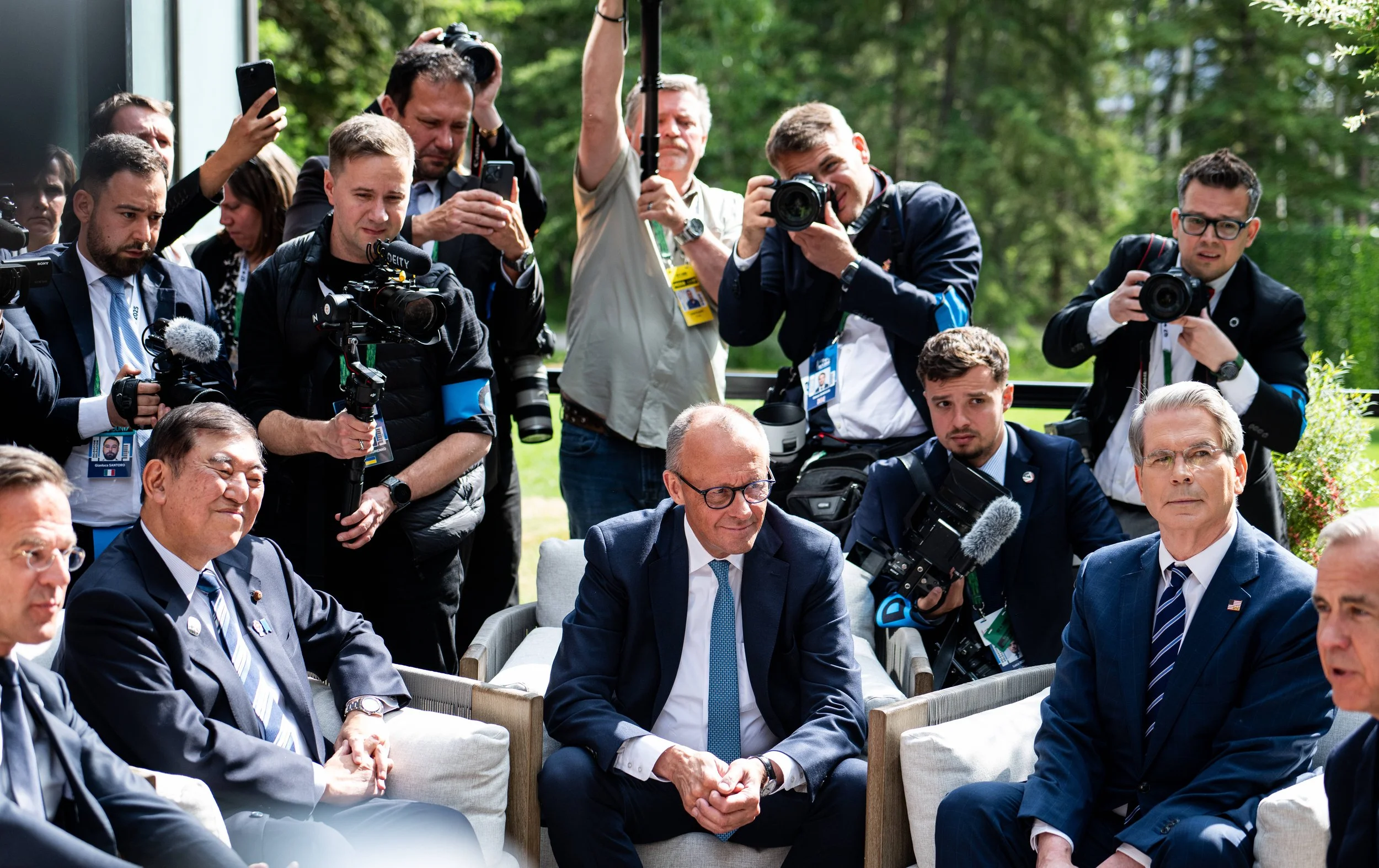  Chancellor of Germany Friedrich Merz (C), United States Secretary of the Treasury Scott Bessent, (C-R), Prime Minister Mark Carney (R), Prime Minister of Japan Shigeru Ishiba (C-L) and Secretary-General of NATO Mark Rutte (L) take part in a G7, Ukra