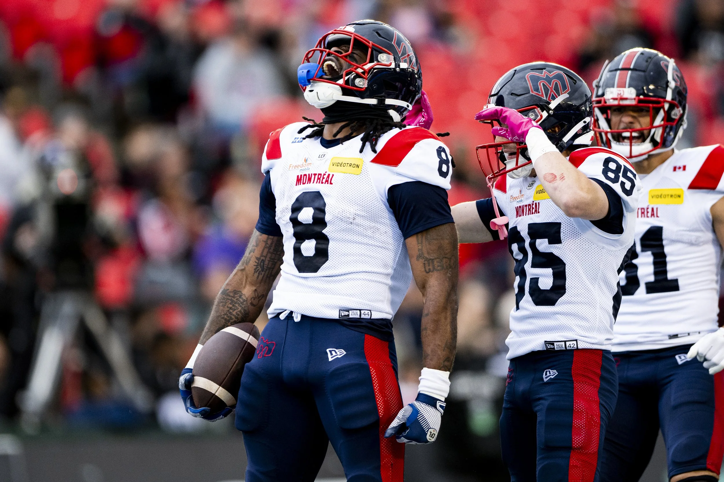  Montreal Alouettes running back Stevie Scott III (8) celebrates a touchdown during first half CFL action against the Ottawa Redblacks in Ottawa, on Saturday, Oct. 18, 2025. THE CANADIAN PRESS/Spencer Colby 