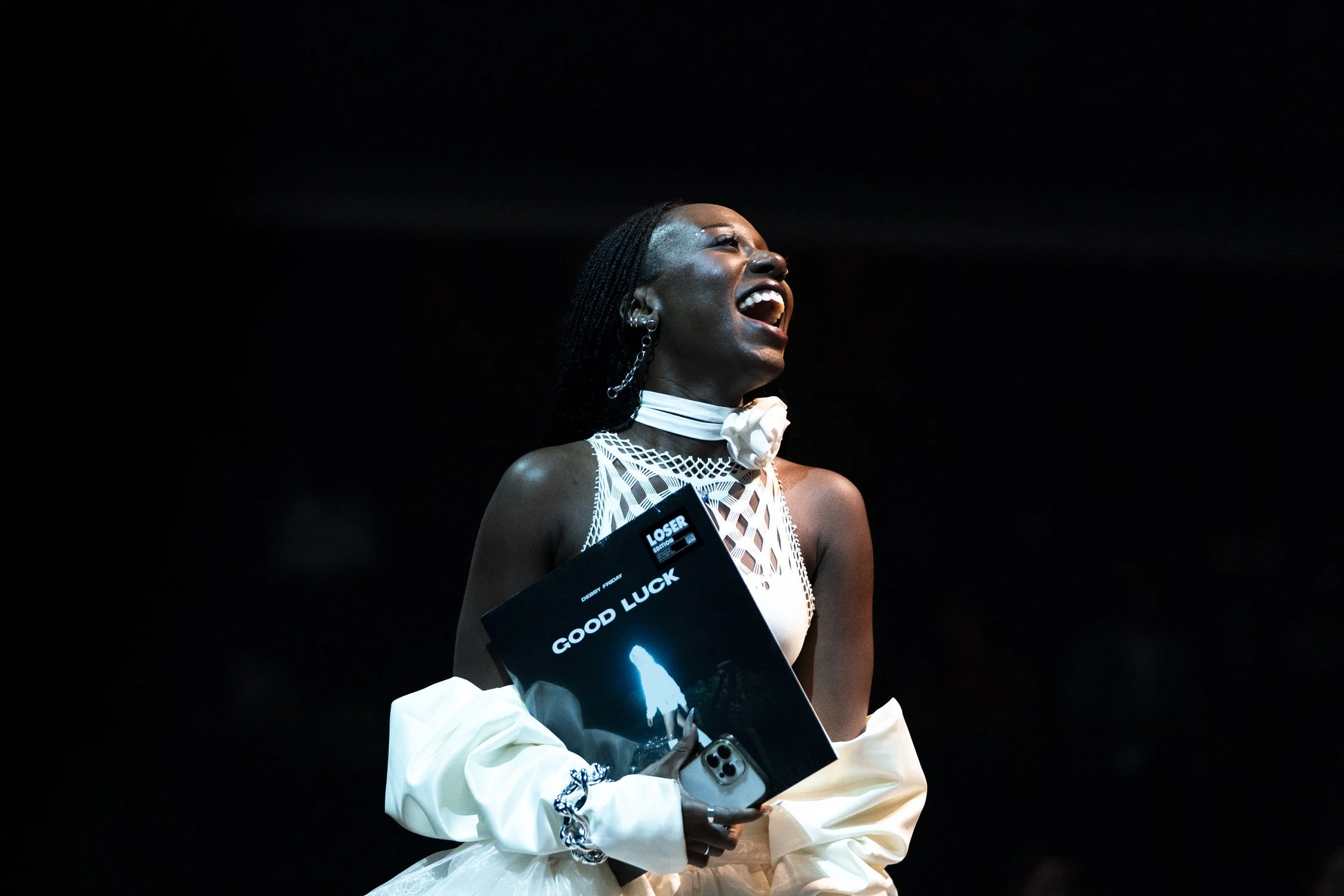  Debby Friday celebrates on stage after winning the 2023 Polaris Music Prize in Toronto, on Tuesday, Sept. 19, 2023. THE CANADIAN PRESS/Spencer Colby 