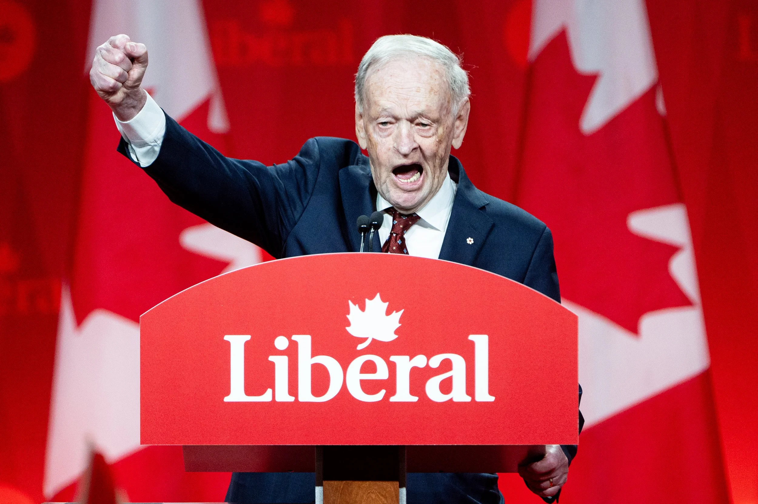  Former Prime Minister Jean Chrétien speaks during the Liberal Party of Canada convention in Ottawa, on Sunday, March 9, 2025. Spencer Colby/The Globe and Mail 
