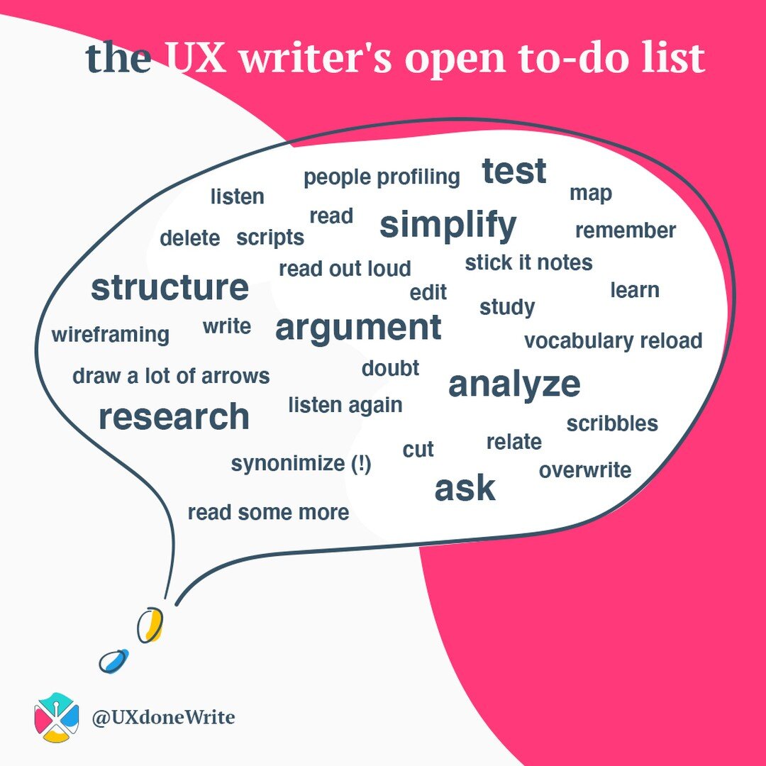 When somebody says &quot;anyone can write&quot;, little ⛈️☁️ tend to puff around the #UXwriter and #copywriter in the room. It's an undeniable truth, but also an incomplete one.⁠
So here's a list of what usually happens when you write so anyone else 