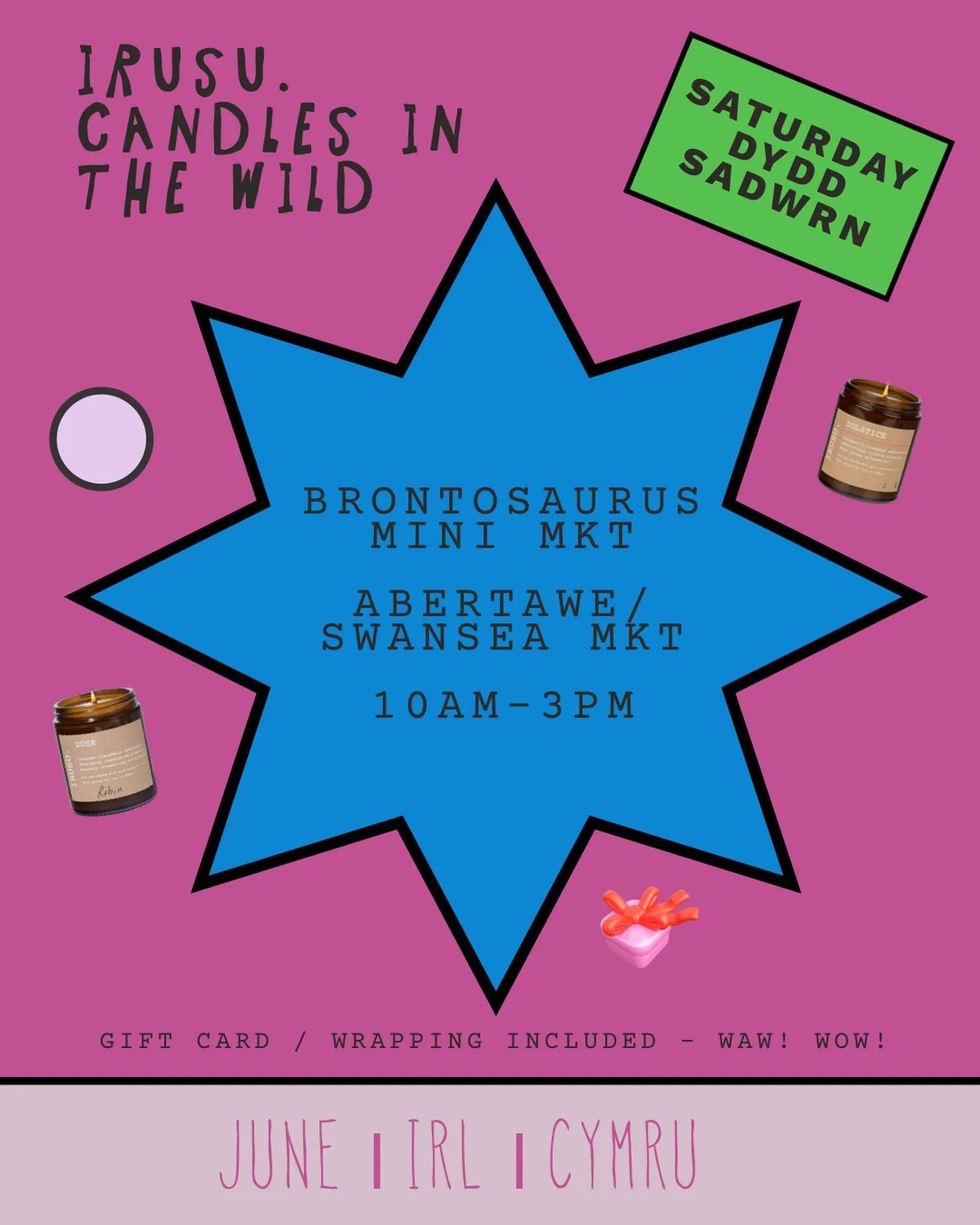 Back at it! 🌸🕯️💌
See you this dydd Sadwrn / Saturday with triple-wickers, minis and standard sizes in all your favourite blends.

10-3
Brontosaurus Vegan Mini Mkt @ Swansea Mkt

Cariad / love ya,
IRUSU. X