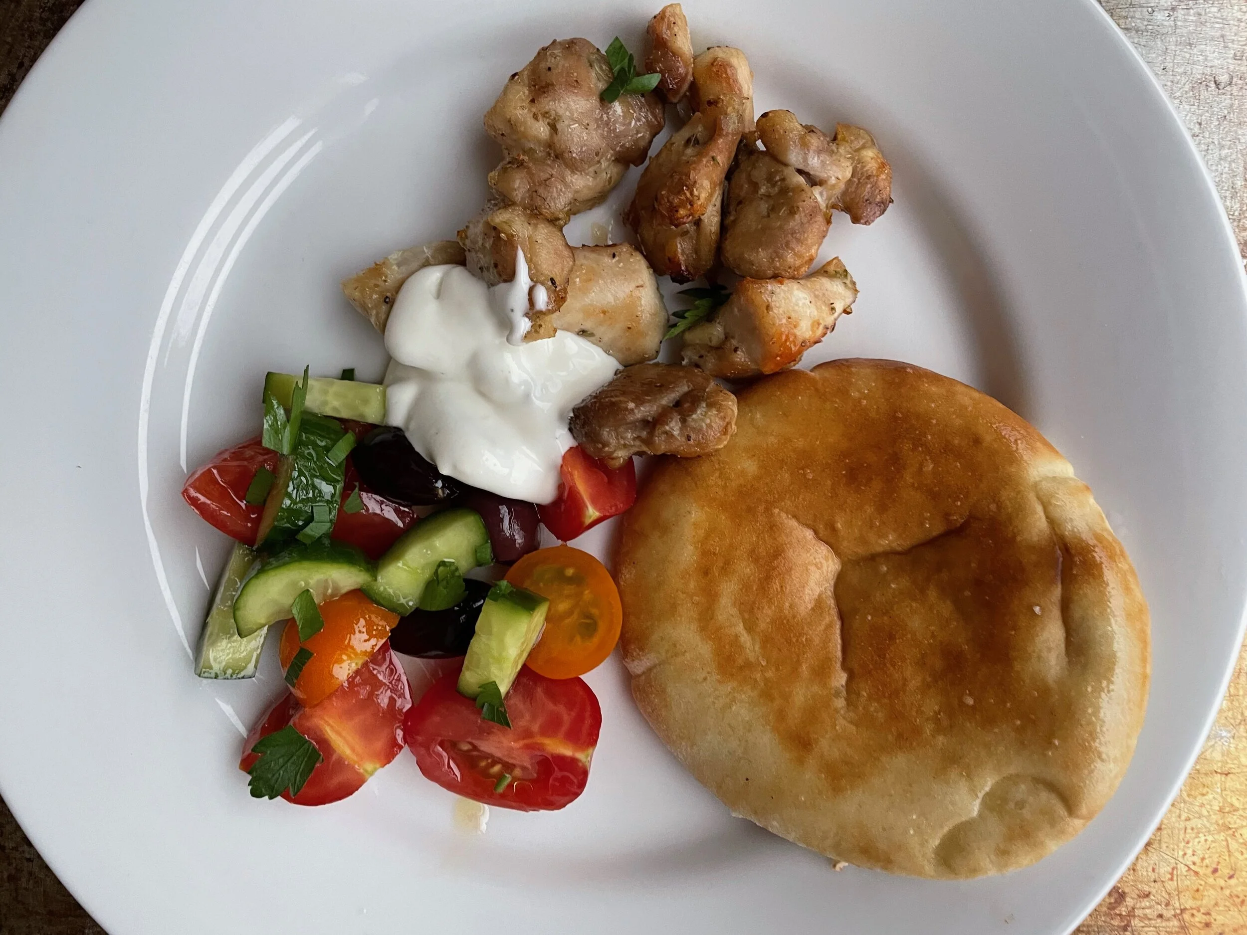Wednesday April 21, 4:30-6PM Chicken (Eggplant) Souvlaki, Kid-Friendly Greek Salad and Yogurt Sauce