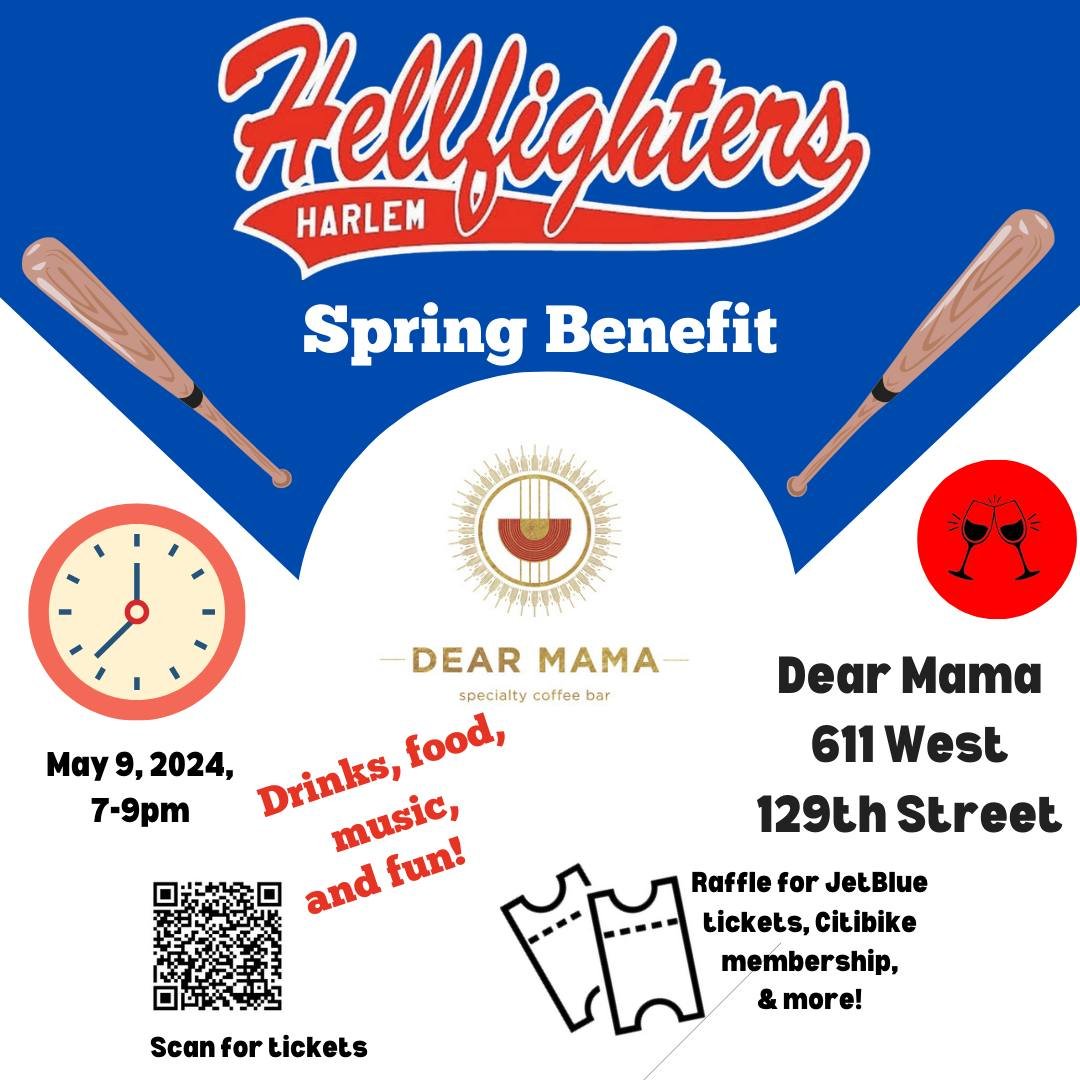 Join us TONIGHT for a fundraiser for our dear friends @hellfightersbaseball ! Not only will there be drinks &amp; music, but there will also be Raffle for airfare, citibike memberships, and more! Get your tickets at the QR code for $10 less than at t