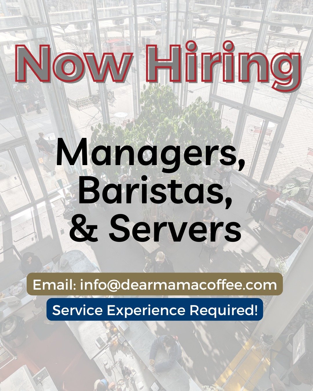 Looking for your next NYC adventure? We are hiring Managers, Baristas, &amp; Servers! As we are growing, we are looking for some stellar additions to our (hilarious, hardworking, affable, other positive synonyms) team! Email your interest and resume 