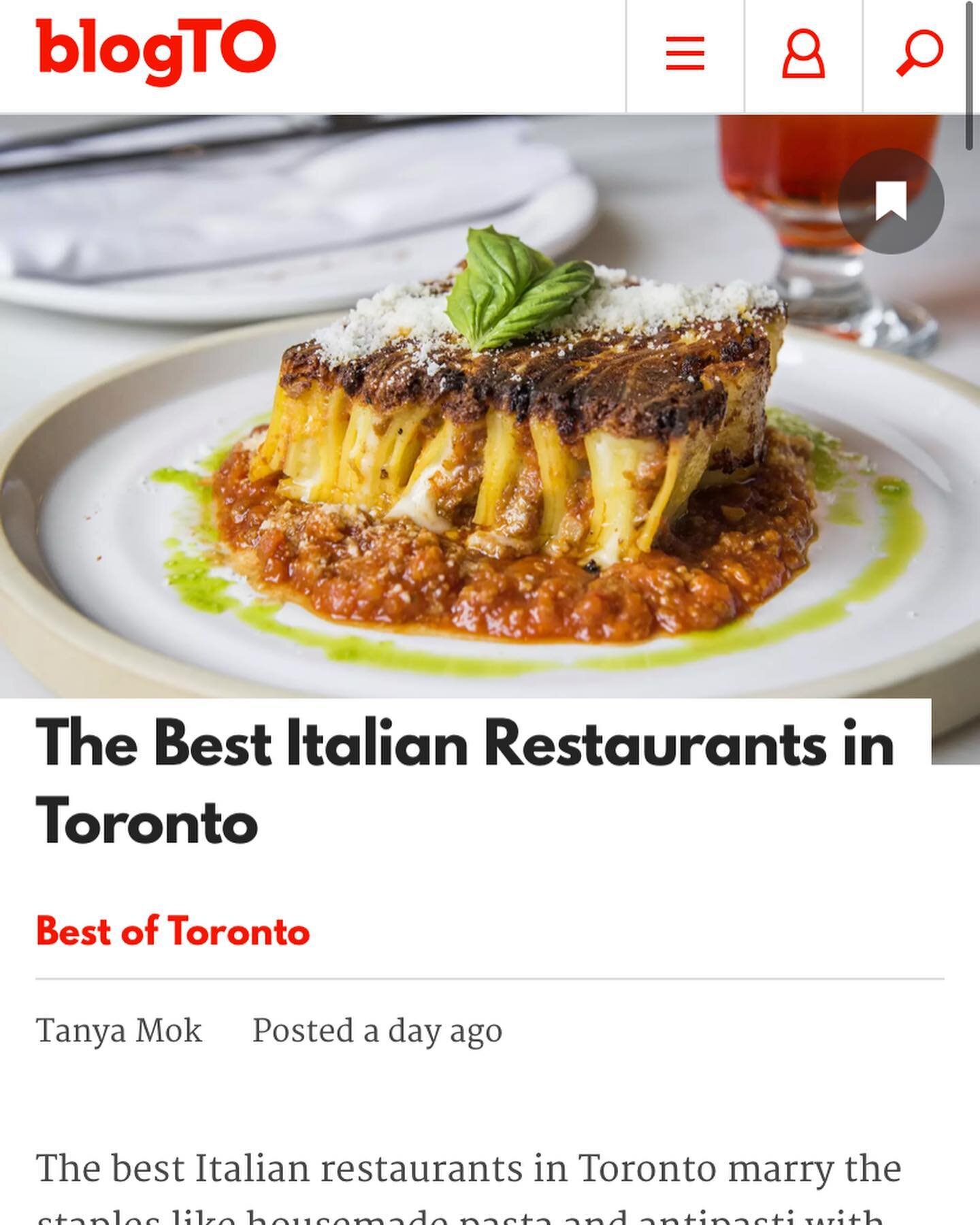 We&rsquo;re so thrilled to be named one of Toronto&rsquo;s Best Italian restaurants! 

Thank you to @blogto and everyone who voted for us. We appreciate your ongoing love and support. 💙