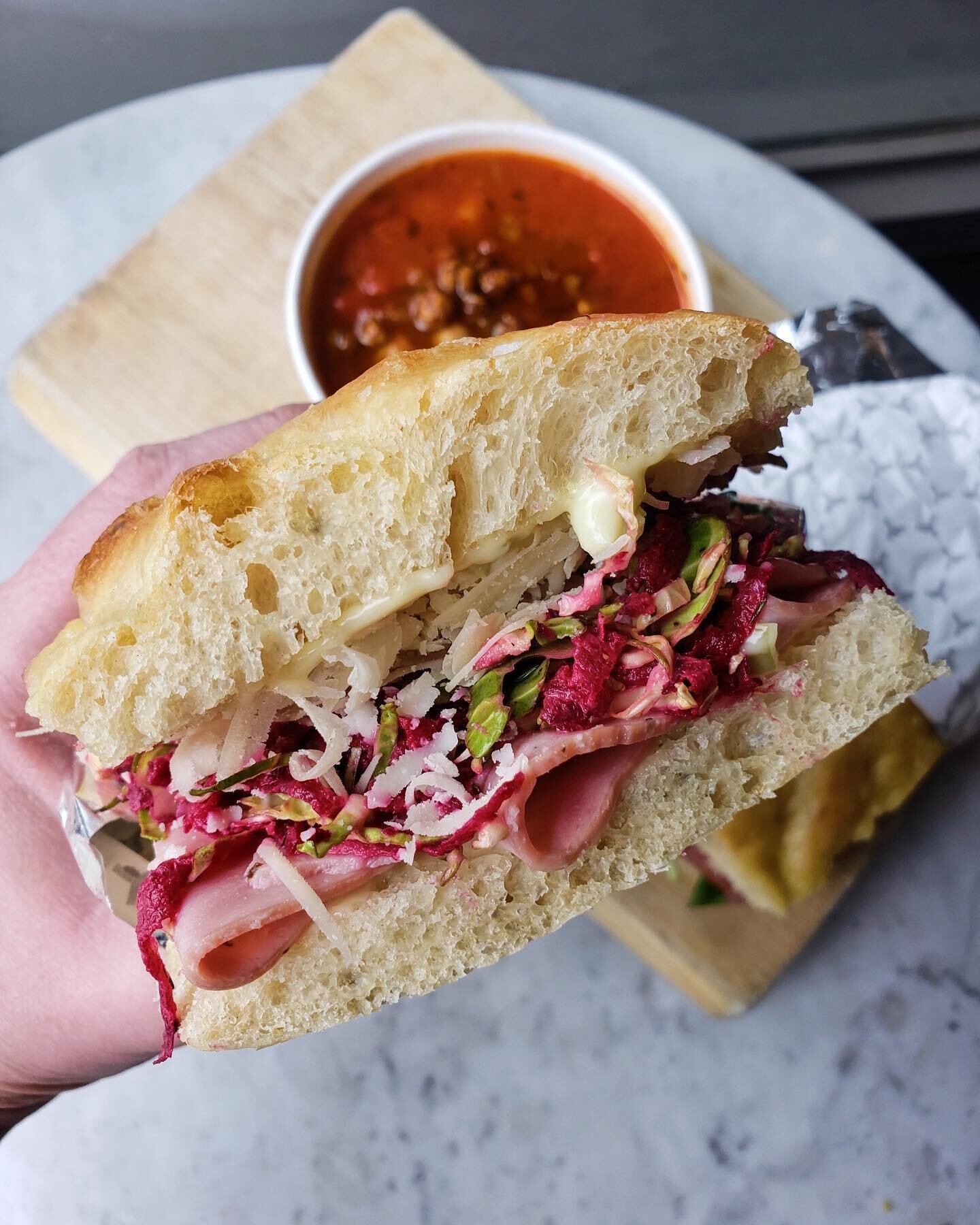 We&rsquo;re not ones to brag but this week&rsquo;s sandwiches are something else 🤤

Meat Sandwich
mild capicola / &nbsp;pepperoncini mayonnaise&nbsp;/ Brussels sprout and red beet slaw / shaved pecorino / house-made focaccia 

Vegetable Sandwich&nbs