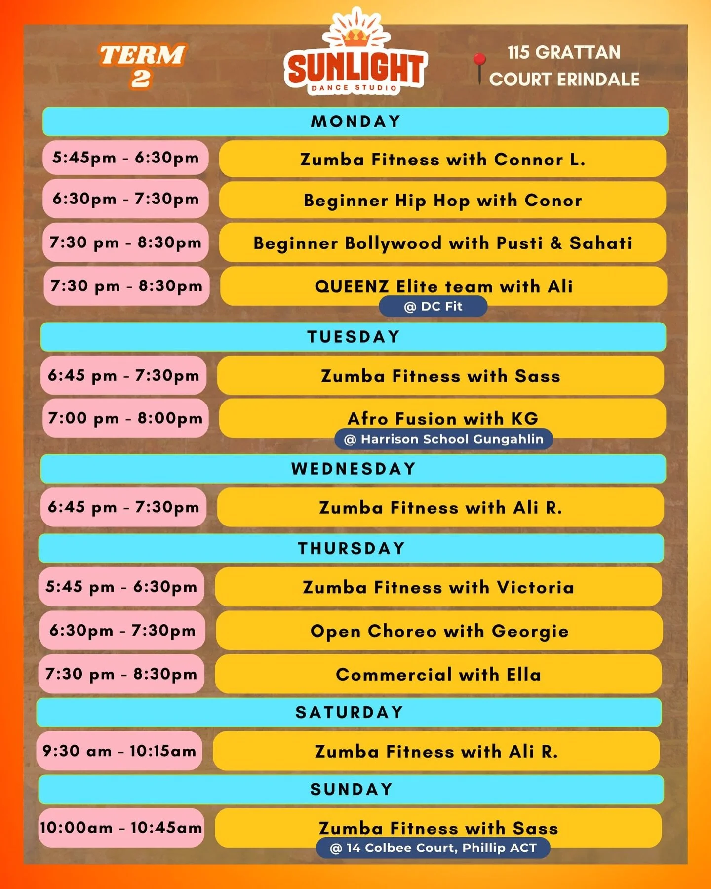We are excited to announce our Term Two Timetable 📣 🥳.
Term Resumes on the 4th of May 2026. 

We can&rsquo;t wait to see you all. 
Please keep an eye on class locations and times.
