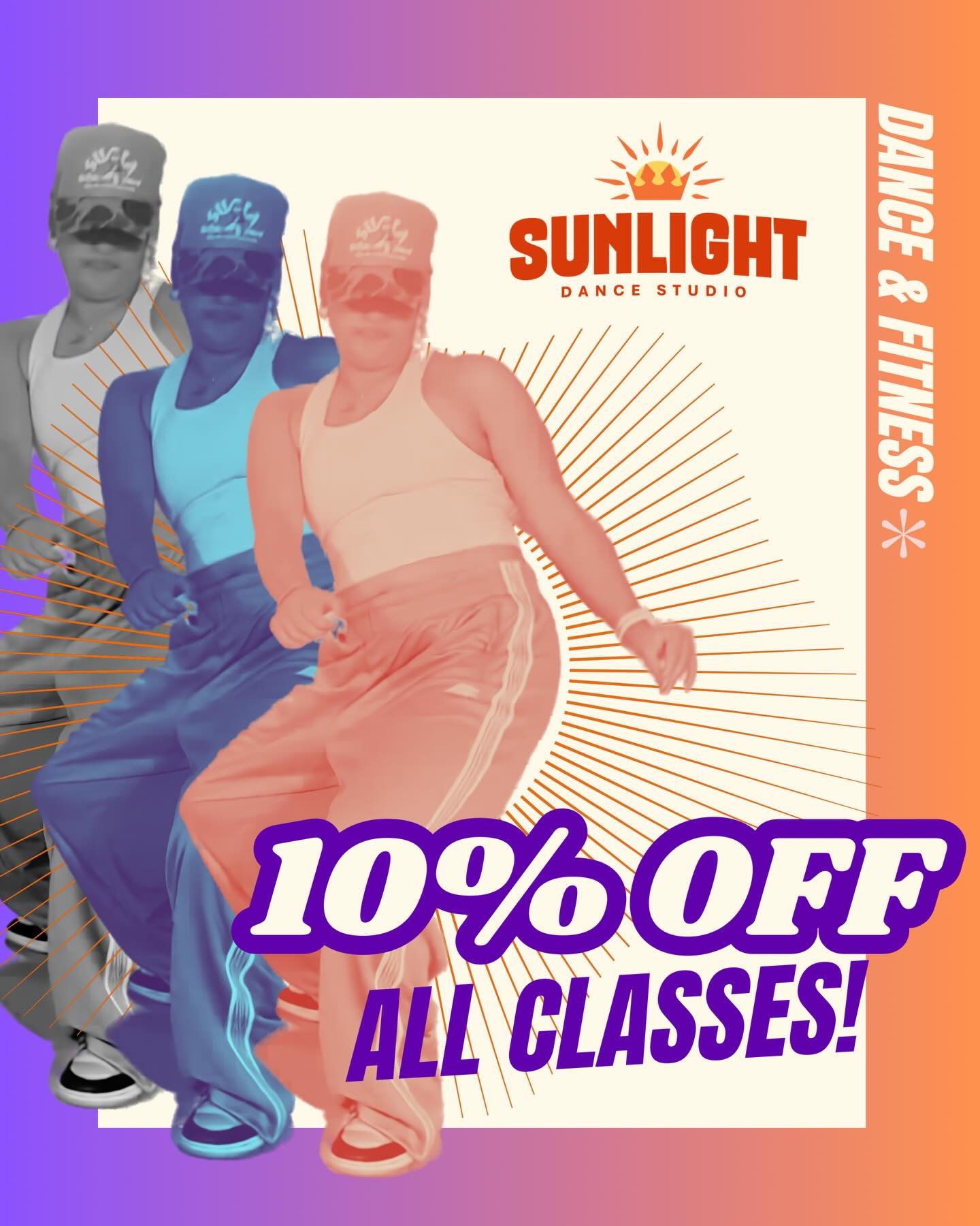 SUNLIGHT SALE IS ON 🌞

For a limited time, take 10% OFF all fitness &amp; dance classes and get moving, feeling strong, and having fun.

From now until Sunday 10 May, use code SUNLIGHT10 at checkout when purchasing your class pass.

Spots are limite