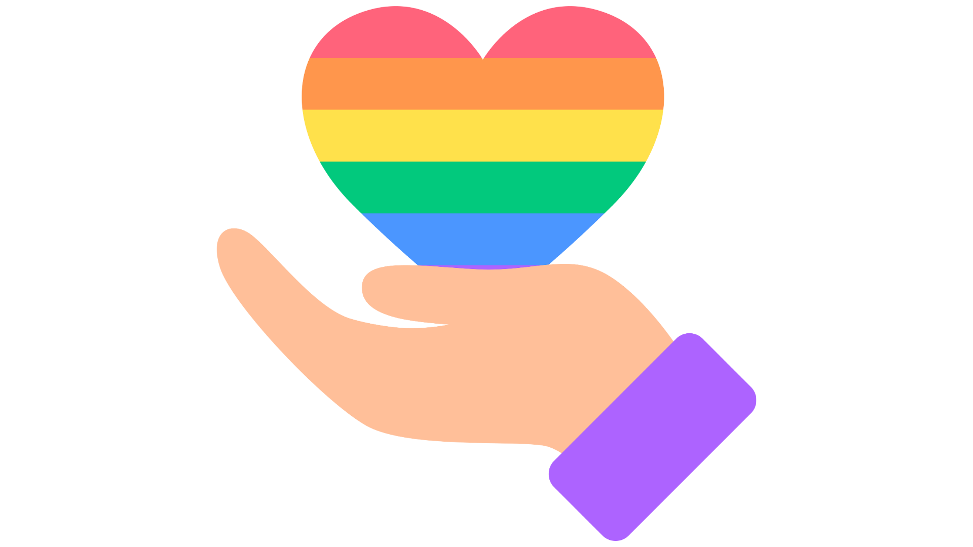 A hand holding a rainbow-colored heart.