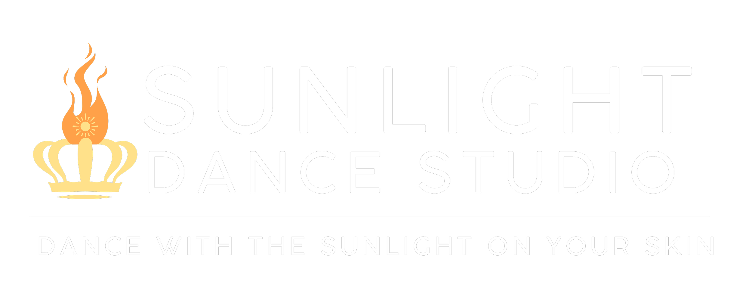 Sunlight Dance Studio logo featuring a crown with a flame and sun icon, with the text 'Sunlight Dance Studio' above the tagline 'Dance with the Sunlight on your skin'.