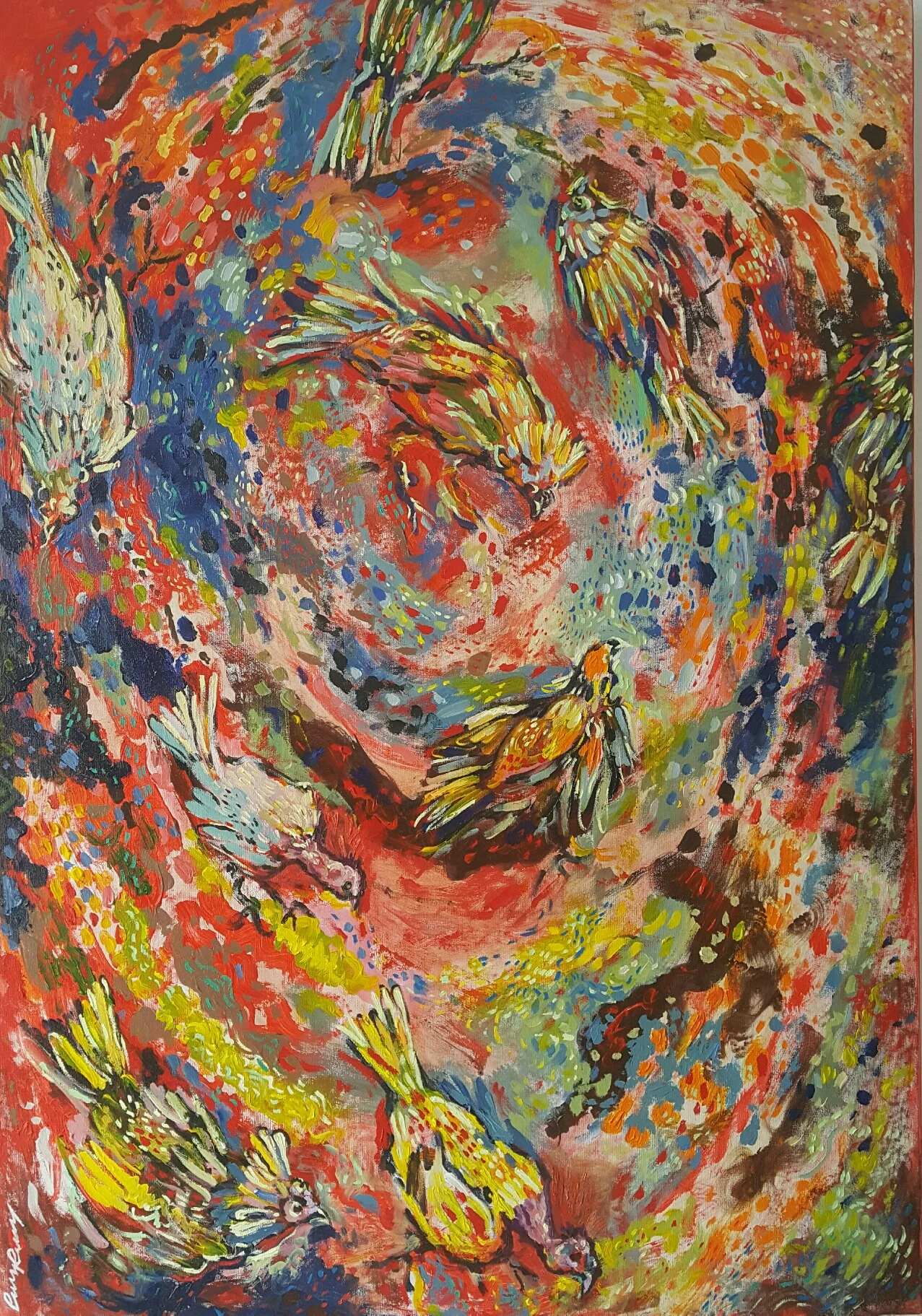   CHICKENS IN THE YARD   32” W x 46” H  Acrylic and oil on canvas 